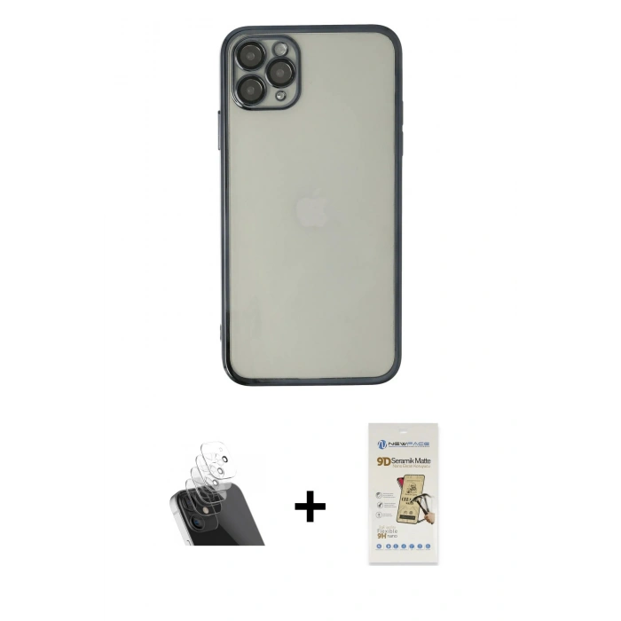 MARSİLYAN™- iPhone 11 Pro Kılıf Vadi Minimal - Siyah Mat Seramik Nano Ekran Koruyucu + Kamera Lens Koruma Cam - SF