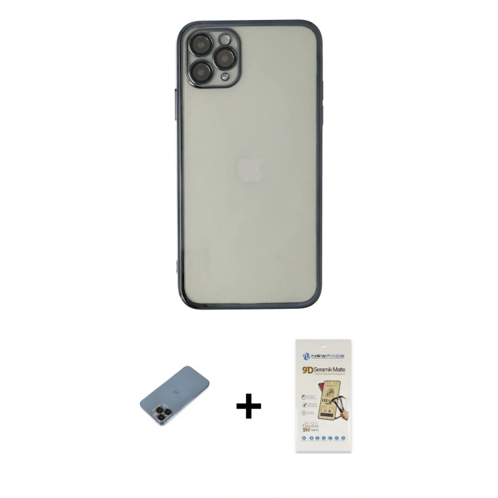 MARSİLYAN™- iPhone 11 Pro Kılıf Vadi Minimal - Siyah Mat Seramik Nano Ekran Koruyucu + Shine Kamera Lens Koruma Cam - SH