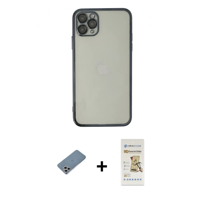 MARSİLYAN™- iPhone 11 Pro Kılıf Vadi Minimal - Siyah Mat Seramik Nano Ekran Koruyucu + Shine Kamera Lens Koruma Cam - GS