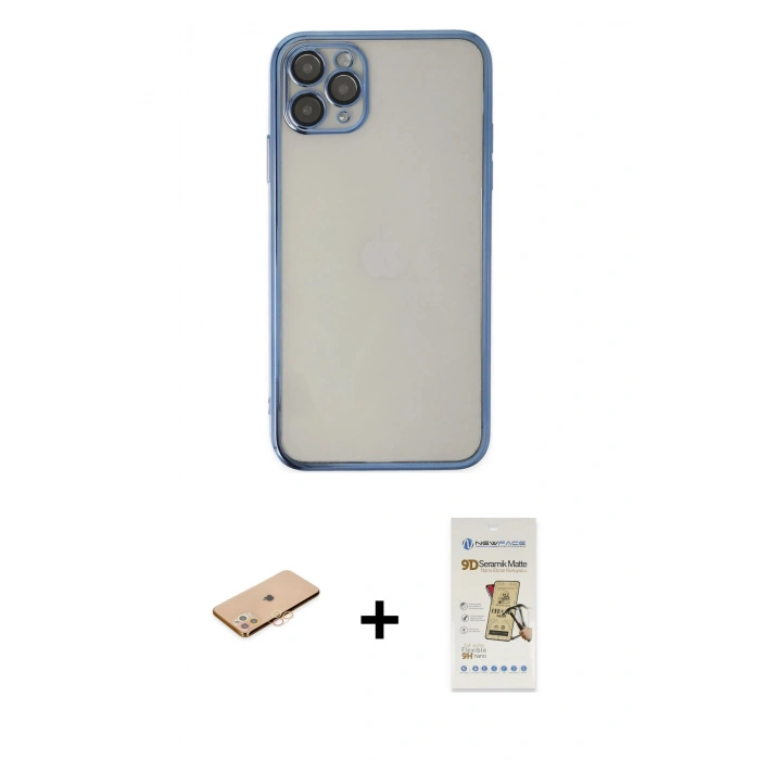 MARSİLYAN™- iPhone 11 Pro Kılıf Vadi Minimal - Siyah Mat Seramik Nano Ekran Koruyucu + Renkli Kamera Lens Koruma Cam - TU