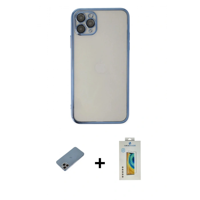 MARSİLYAN™- iPhone 11 Pro Kılıf Vadi Minimal - Siyah Polymer Nano Ekran Koruyucu + Gökkuşağı Shine Kamera Lens Koruma Cam