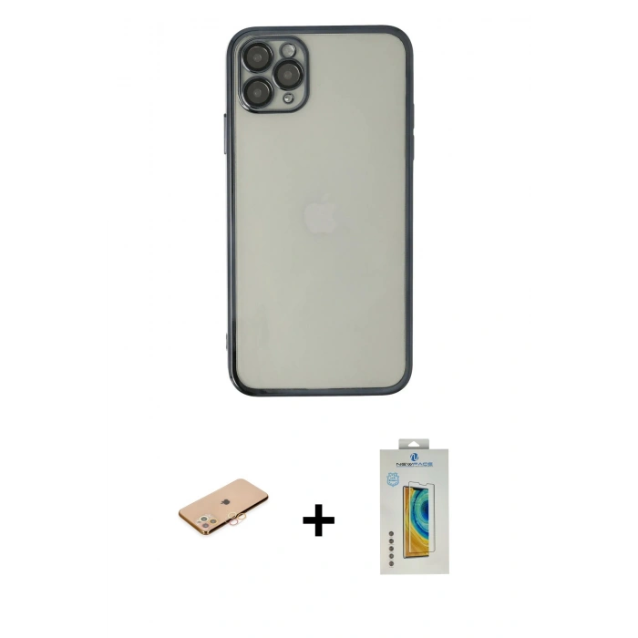 MARSİLYAN™- iPhone 11 Pro Kılıf Vadi Minimal - Siyah Polymer Nano Ekran Koruyucu + Renkli Kamera Lens Koruma Cam - TU