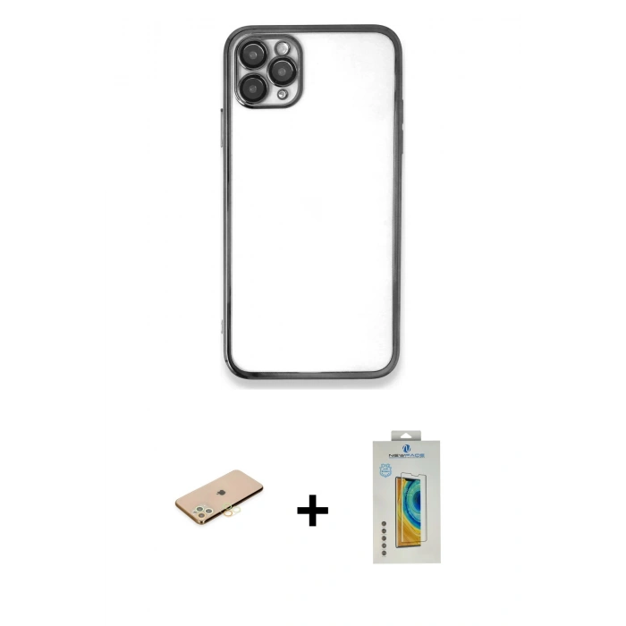 MARSİLYAN™- iPhone 11 Pro Kılıf Vadi Minimal - Siyah Polymer Nano Ekran Koruyucu + Renkli Kamera Lens Koruma Cam - PE