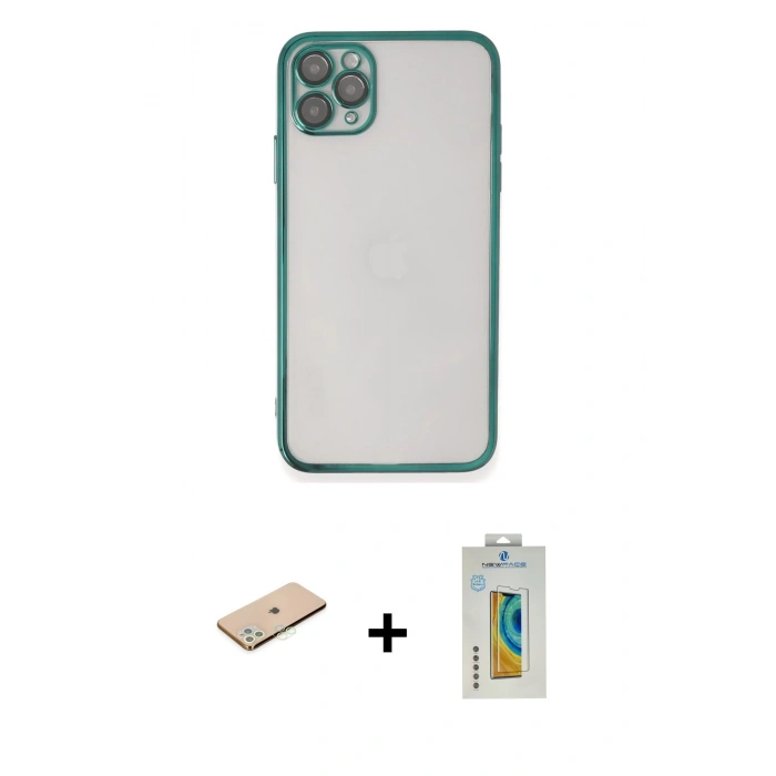 MARSİLYAN™- iPhone 11 Pro Kılıf Vadi Minimal - Siyah Polymer Nano Ekran Koruyucu + Renkli Kamera Lens Koruma Cam - YL