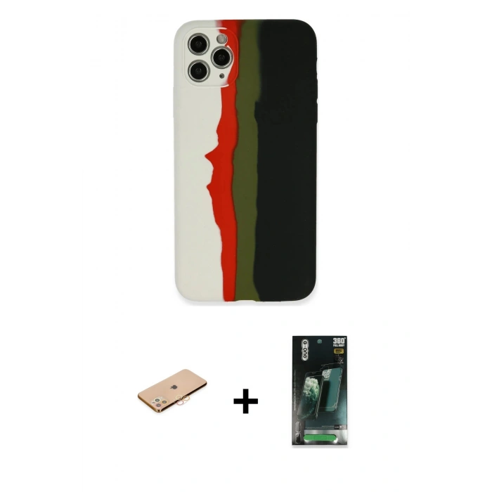 MARSİLYAN™- iPhone 11 Pro Kılıf Yadigar Çizgi - Şeffaf 360 Full Body Arka Koruyucu + Renkli Kamera Lens Koruma Cam - TU