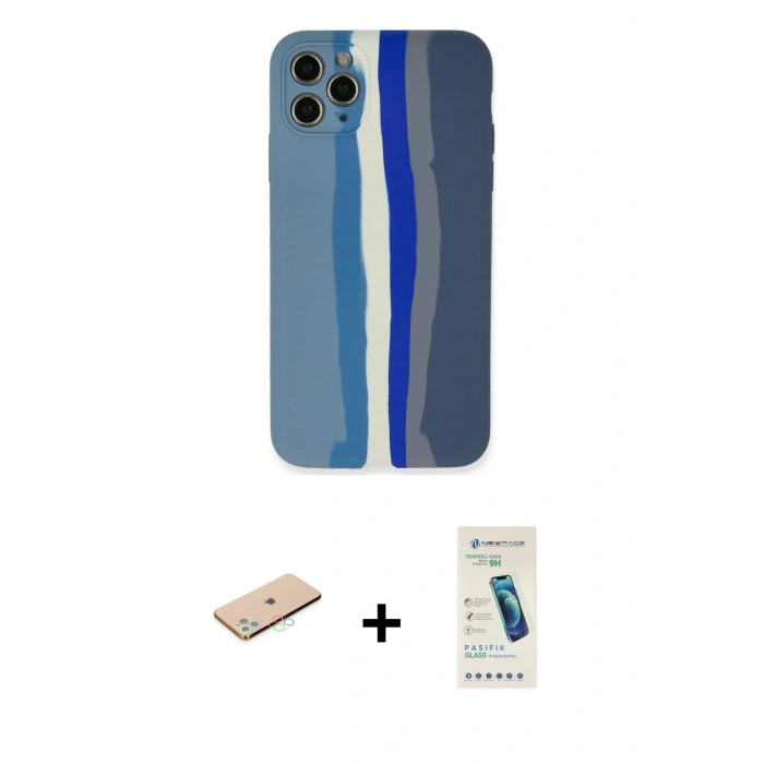 MARSİLYAN™- iPhone 11 Pro Kılıf Yadigar Çizgi - Şeffaf Pasifik Cam Ekran Koruyucu + Renkli Kamera Lens Koruma Cam - MI