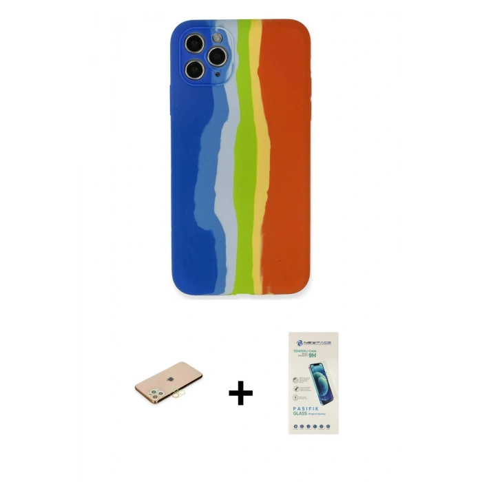 MARSİLYAN™- iPhone 11 Pro Kılıf Yadigar Çizgi - Şeffaf Pasifik Cam Ekran Koruyucu + Renkli Kamera Lens Koruma Cam - SI