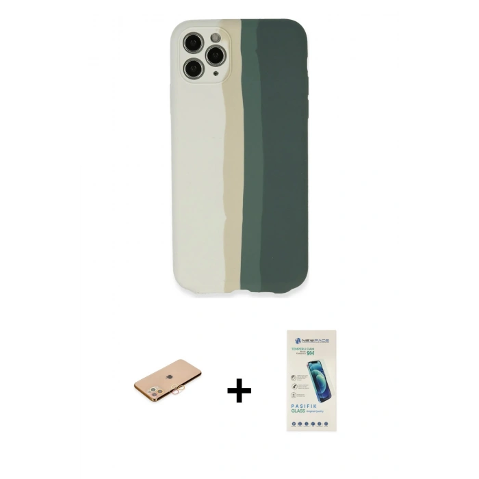 MARSİLYAN™- iPhone 11 Pro Kılıf Yadigar Çizgi - Şeffaf Pasifik Cam Ekran Koruyucu + Renkli Kamera Lens Koruma Cam - TU