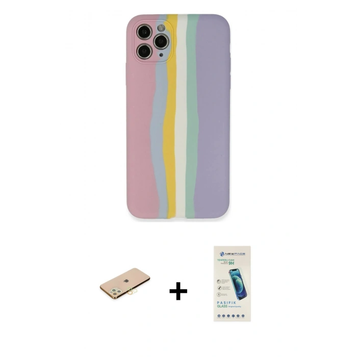 MARSİLYAN™- iPhone 11 Pro Kılıf Yadigar Çizgi - Şeffaf Pasifik Cam Ekran Koruyucu + Renkli Kamera Lens Koruma Cam - SI