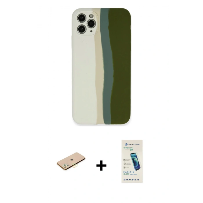 MARSİLYAN™- iPhone 11 Pro Kılıf Yadigar Çizgi - Şeffaf Pasifik Cam Ekran Koruyucu + Renkli Kamera Lens Koruma Cam - PE