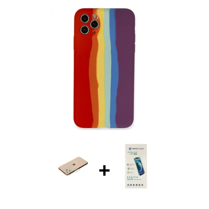 MARSİLYAN™- iPhone 11 Pro Kılıf Yadigar Çizgi - Şeffaf Pasifik Cam Ekran Koruyucu + Renkli Kamera Lens Koruma Cam - YL