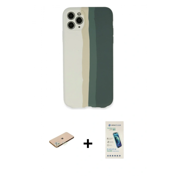 MARSİLYAN™- iPhone 11 Pro Kılıf Yadigar Çizgi - Şeffaf Pasifik Cam Ekran Koruyucu + Renkli Kamera Lens Koruma Cam - YL