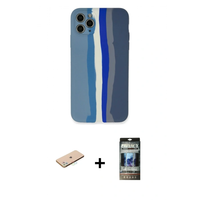 MARSİLYAN™- iPhone 11 Pro Kılıf Yadigar Çizgi - Siyah 34D Hayalet Izgaralı Cam + Renkli Kamera Lens Koruma Cam - MI