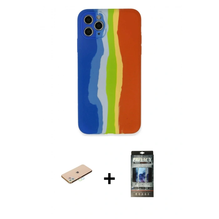 MARSİLYAN™- iPhone 11 Pro Kılıf Yadigar Çizgi - Siyah 34D Hayalet Izgaralı Cam + Renkli Kamera Lens Koruma Cam - MI