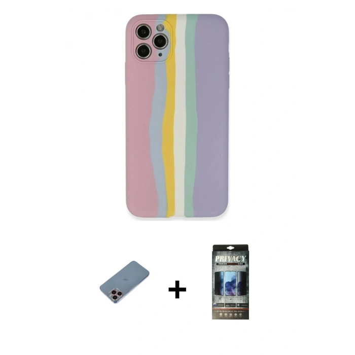 MARSİLYAN™- iPhone 11 Pro Kılıf Yadigar Çizgi - Siyah 34D Hayalet Izgaralı Cam + Shine Kamera Lens Koruma Cam - PE