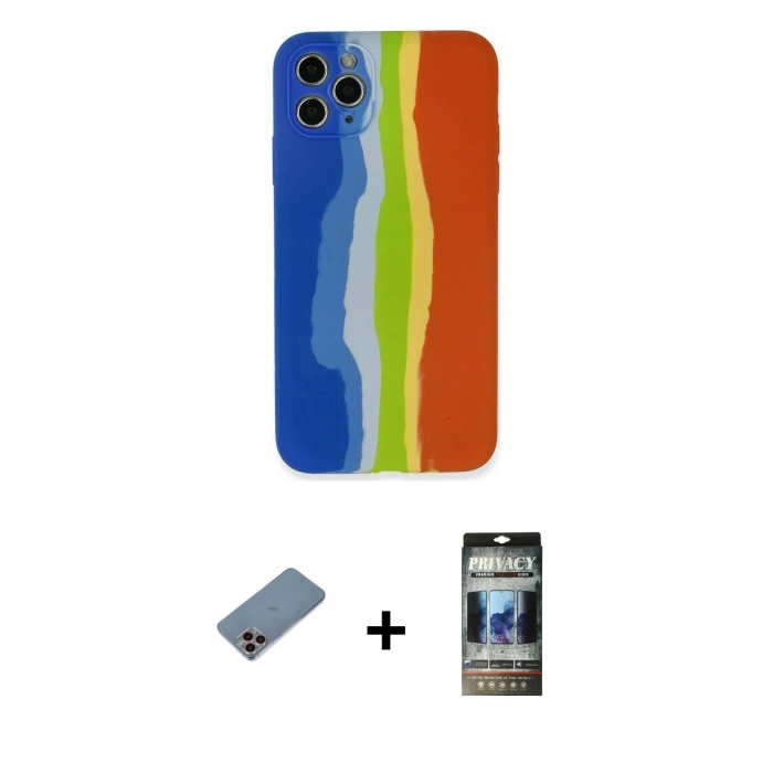 MARSİLYAN™- iPhone 11 Pro Kılıf Yadigar Çizgi - Siyah 34D Hayalet Izgaralı Cam + Shine Kamera Lens Koruma Cam - PE