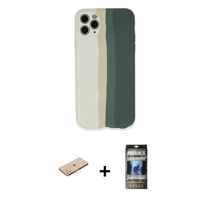 MARSİLYAN™- iPhone 11 Pro Kılıf Yadigar Çizgi - Siyah 34D Hayalet Izgaralı Cam + Renkli Kamera Lens Koruma Cam - SI