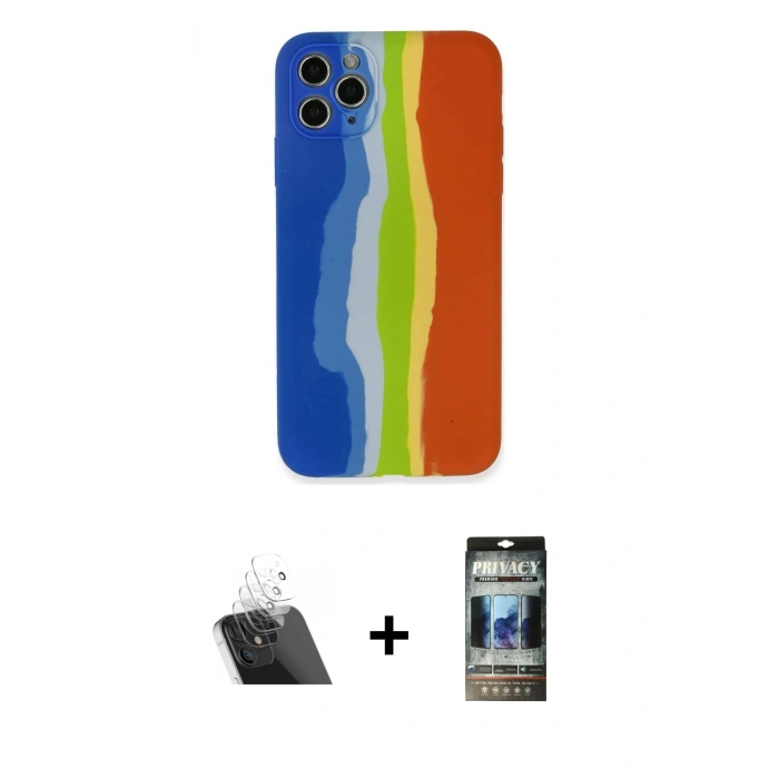 MARSİLYAN™- iPhone 11 Pro Kılıf Yadigar Çizgi - Siyah 34D Hayalet Izgaralı Cam + Şeffaf Kamera Lens Koruma Cam