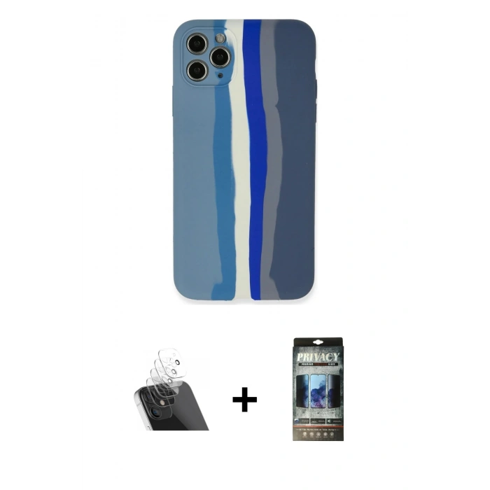 MARSİLYAN™- iPhone 11 Pro Kılıf Yadigar Çizgi - Siyah 34D Hayalet Izgaralı Cam + Şeffaf Kamera Lens Koruma Cam