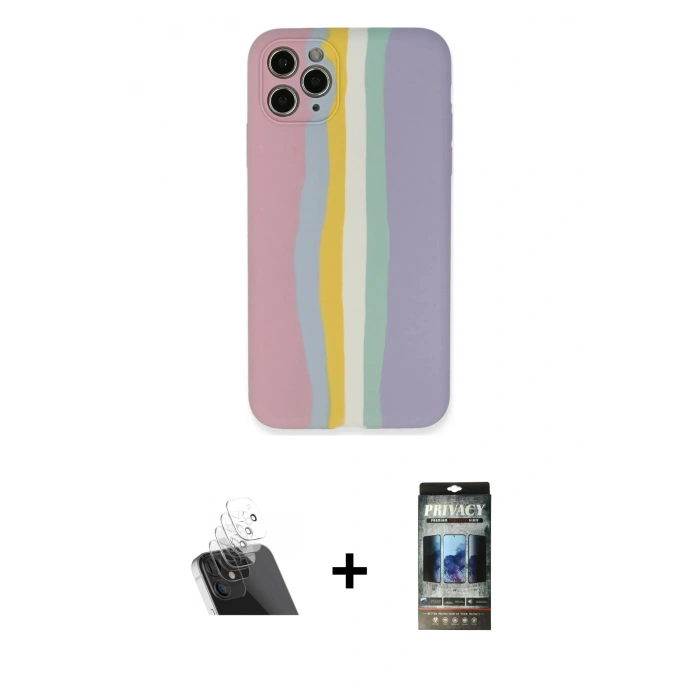 MARSİLYAN™- iPhone 11 Pro Kılıf Yadigar Çizgi - Siyah 34D Hayalet Izgaralı Cam + Şeffaf Kamera Lens Koruma Cam