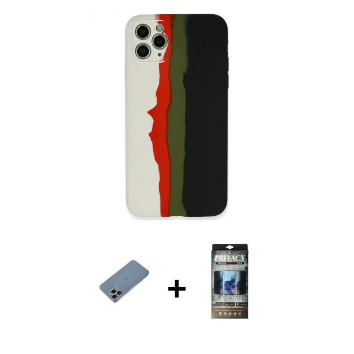 MARSİLYAN™- iPhone 11 Pro Kılıf Yadigar Çizgi - Siyah 34D Hayalet Izgaralı Cam + Shine Kamera Lens Koruma Cam - GI