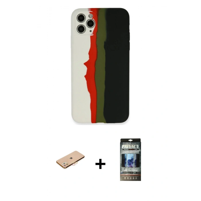 MARSİLYAN™- iPhone 11 Pro Kılıf Yadigar Çizgi - Siyah 34D Hayalet Izgaralı Cam + Renkli Kamera Lens Koruma Cam - TU