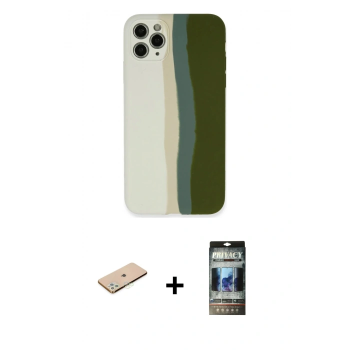 MARSİLYAN™- iPhone 11 Pro Kılıf Yadigar Çizgi - Siyah 34D Hayalet Izgaralı Cam + Renkli Kamera Lens Koruma Cam - YL