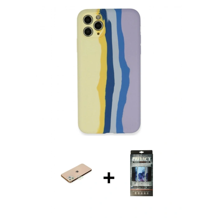 MARSİLYAN™- iPhone 11 Pro Kılıf Yadigar Çizgi - Siyah 34D Hayalet Izgaralı Cam + Renkli Kamera Lens Koruma Cam - YL