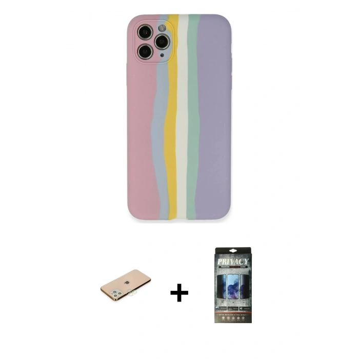 MARSİLYAN™- iPhone 11 Pro Kılıf Yadigar Çizgi - Siyah 34D Hayalet Izgaralı Cam + Renkli Kamera Lens Koruma Cam - YL