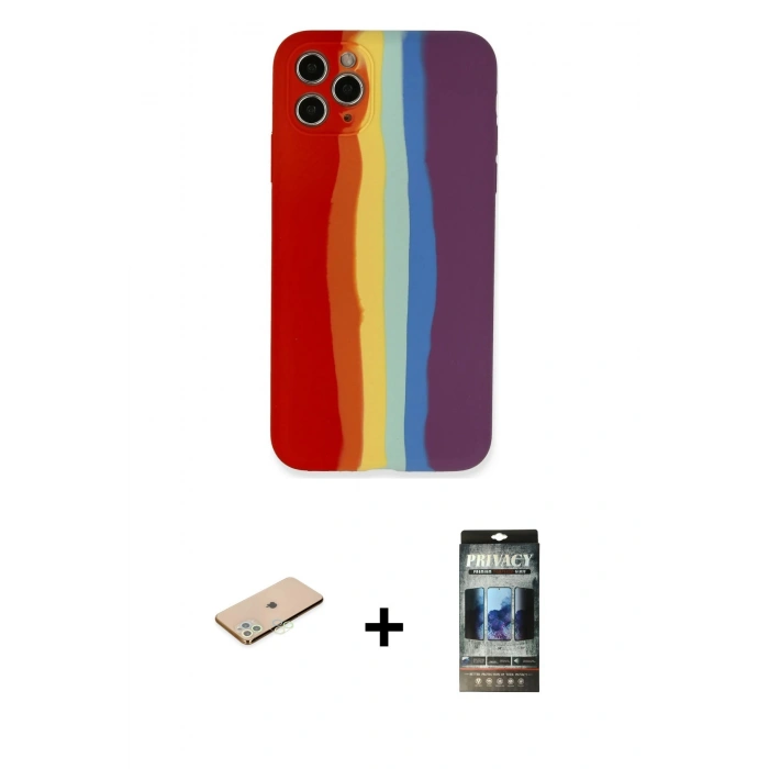 MARSİLYAN™- iPhone 11 Pro Kılıf Yadigar Çizgi - Siyah 34D Hayalet Izgaralı Cam + Renkli Kamera Lens Koruma Cam - YL