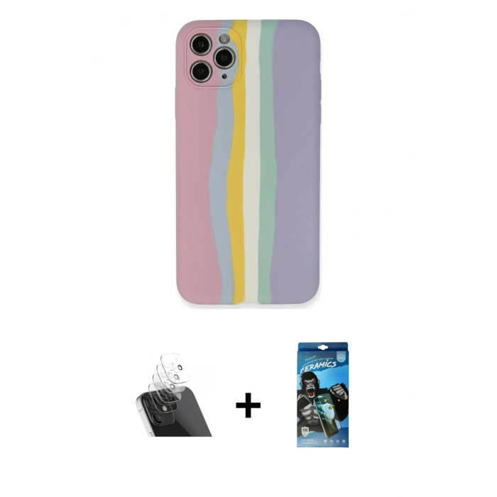 MARSİLYAN™- iPhone 11 Pro Kılıf Yadigar Çizgi - Siyah 34D Izgaralı Cam + Kamera Lens Koruma Cam - SF