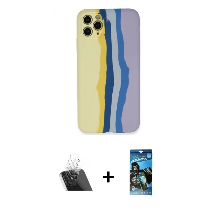 MARSİLYAN™- iPhone 11 Pro Kılıf Yadigar Çizgi - Siyah 34D Izgaralı Cam + Kamera Lens Koruma Cam - SF