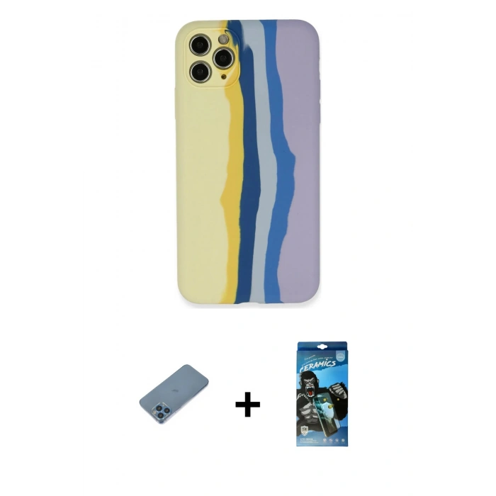 MARSİLYAN™- iPhone 11 Pro Kılıf Yadigar Çizgi - Siyah 34D Izgaralı Cam + Shine Kamera Lens Koruma Cam - MI