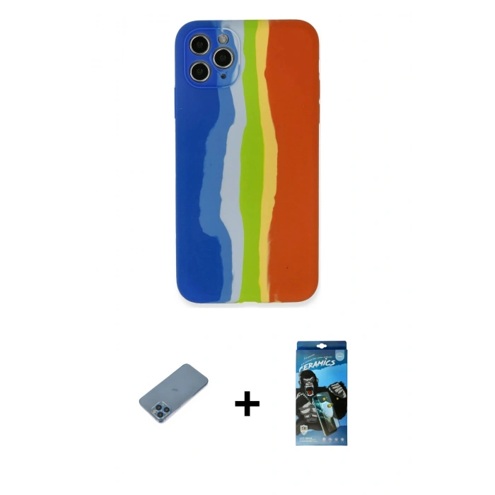 MARSİLYAN™- iPhone 11 Pro Kılıf Yadigar Çizgi - Siyah 34D Izgaralı Cam + Shine Kamera Lens Koruma Cam - MI