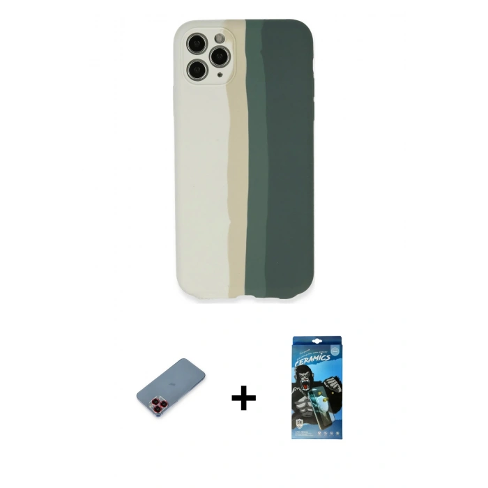 MARSİLYAN™- iPhone 11 Pro Kılıf Yadigar Çizgi - Siyah 34D Izgaralı Cam + Metal Kamera Lens Koruma Cam - KI