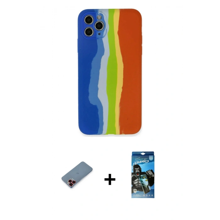 MARSİLYAN™- iPhone 11 Pro Kılıf Yadigar Çizgi - Siyah 34D Izgaralı Cam + Metal Kamera Lens Koruma Cam - KI