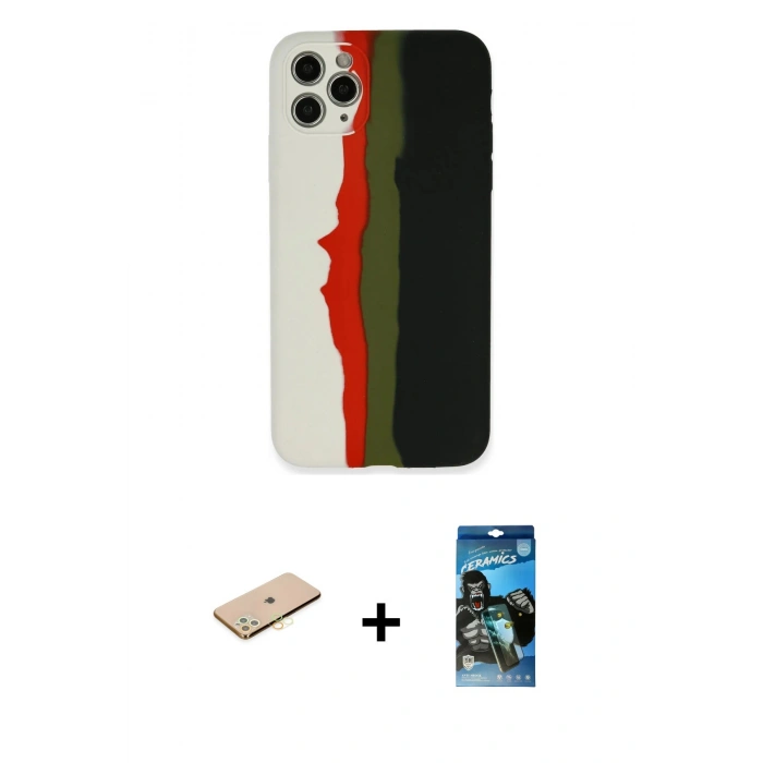 MARSİLYAN™- iPhone 11 Pro Kılıf Yadigar Çizgi - Siyah 34D Izgaralı Cam + Pembe Renkli Kamera Lens Koruma Cam