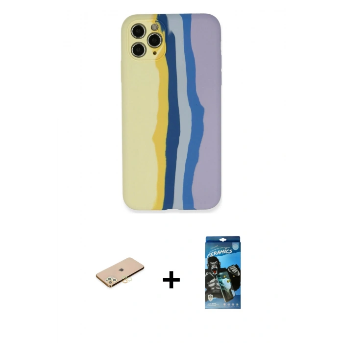 MARSİLYAN™- iPhone 11 Pro Kılıf Yadigar Çizgi - Siyah 34D Izgaralı Cam + Pembe Renkli Kamera Lens Koruma Cam