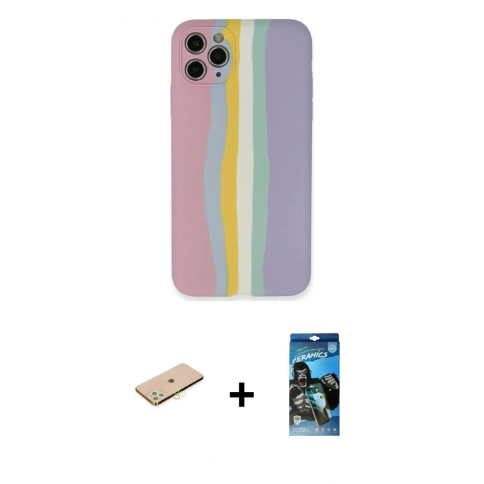 MARSİLYAN™- iPhone 11 Pro Kılıf Yadigar Çizgi - Siyah 34D Izgaralı Cam + Renkli Kamera Lens Koruma Cam - SI