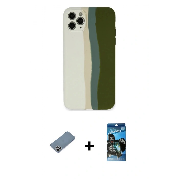 MARSİLYAN™- iPhone 11 Pro Kılıf Yadigar Çizgi - Siyah 34D Izgaralı Cam + Shine Kamera Lens Koruma Cam - GS