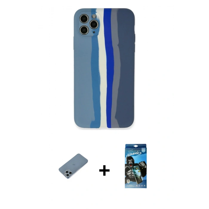 MARSİLYAN™- iPhone 11 Pro Kılıf Yadigar Çizgi - Siyah 34D Izgaralı Cam + Shine Kamera Lens Koruma Cam - SABE