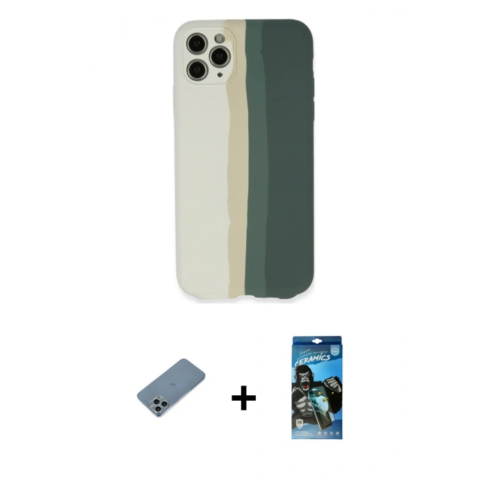 MARSİLYAN™- iPhone 11 Pro Kılıf Yadigar Çizgi - Siyah 34D Izgaralı Cam + Shine Kamera Lens Koruma Cam - SABE
