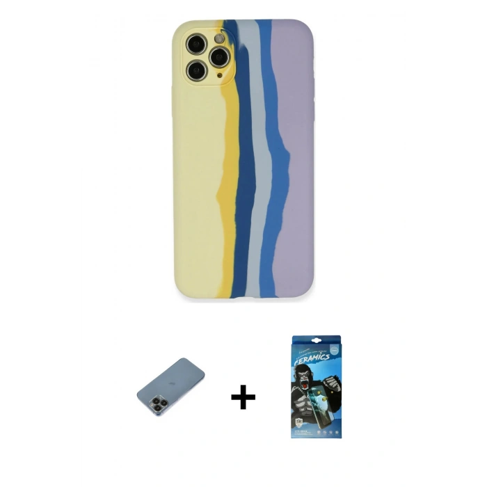 MARSİLYAN™- iPhone 11 Pro Kılıf Yadigar Çizgi - Siyah 34D Izgaralı Cam + Shine Kamera Lens Koruma Cam - SH