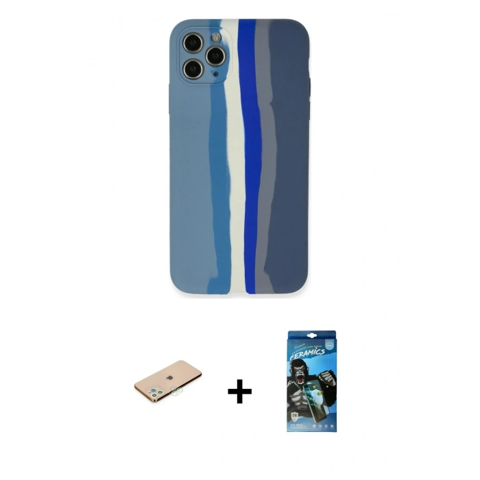 MARSİLYAN™- iPhone 11 Pro Kılıf Yadigar Çizgi - Siyah 34D Izgaralı Cam + Renkli Kamera Lens Koruma Cam - YL