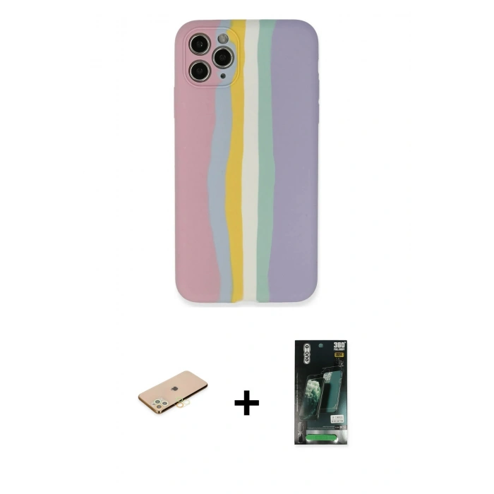 MARSİLYAN™- iPhone 11 Pro Kılıf Yadigar Çizgi - Siyah 360 Mat Full Body Arka Koruyucu + Renkli Kamera Lens Koruma Cam - SI