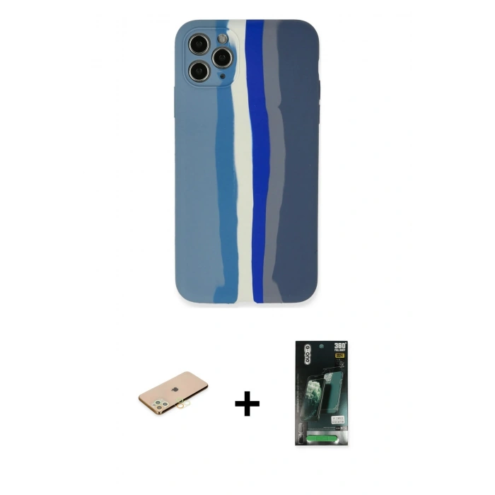 MARSİLYAN™- iPhone 11 Pro Kılıf Yadigar Çizgi - Siyah 360 Mat Full Body Arka Koruyucu + Renkli Kamera Lens Koruma Cam - SI