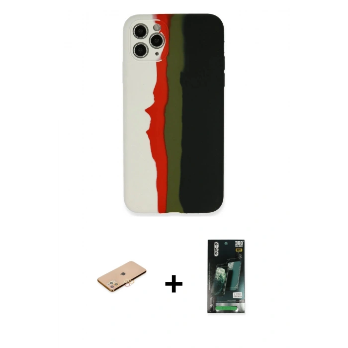 MARSİLYAN™- iPhone 11 Pro Kılıf Yadigar Çizgi - Siyah 360 Mat Full Body Arka Koruyucu + Renkli Kamera Lens Koruma Cam - TU