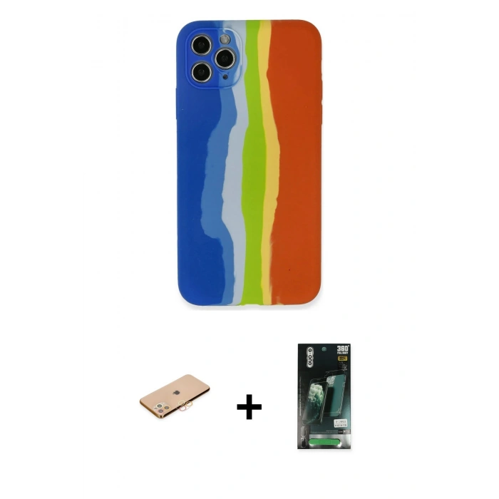 MARSİLYAN™- iPhone 11 Pro Kılıf Yadigar Çizgi - Siyah 360 Mat Full Body Arka Koruyucu + Renkli Kamera Lens Koruma Cam - TU