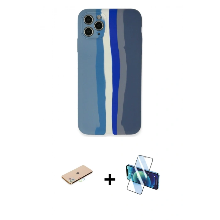 MARSİLYAN™- iPhone 11 Pro Kılıf Yadigar Çizgi - Siyah 3D Antistatik Cam Ekran Koruyucu + Renkli Kamera Lens Koruma Cam - MI