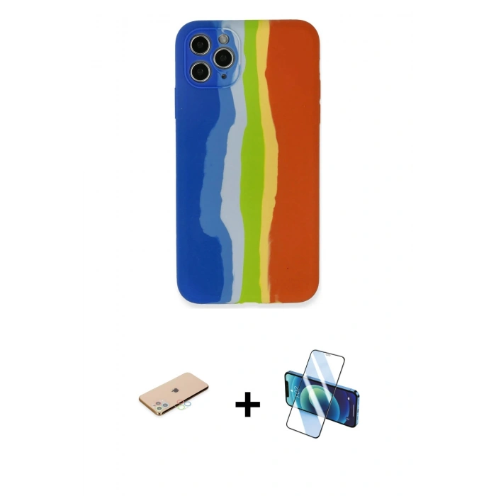 MARSİLYAN™- iPhone 11 Pro Kılıf Yadigar Çizgi - Siyah 3D Antistatik Cam Ekran Koruyucu + Renkli Kamera Lens Koruma Cam - MI